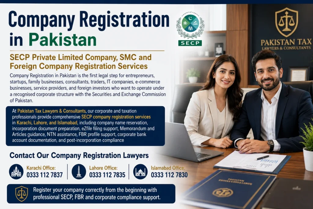 Company Registration in Pakistan banner featuring a professional couple in a corporate office promoting SECP Private Limited Company, SMC and Foreign Company Registration Services with FBR NTN registration, company incorporation, legal compliance, and corporate consultancy in Karachi, Lahore, and Islamabad.